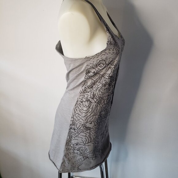 Gray Cotton Raw Edge PEEL Tank Top w Sheep and Guitar Player screen print Design - Picture 3 of 12